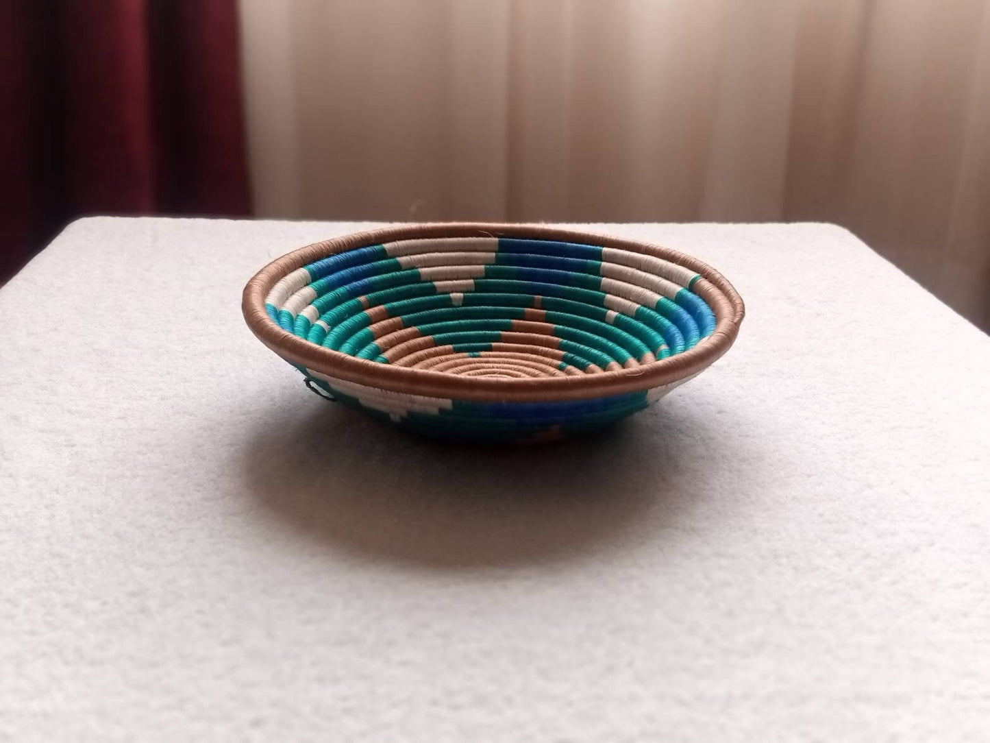 12" Large African wall basket, Home Decor basket, Wicker wall art, African wall art, woven basket, Rwanda Baskets. Brown, green, blue &white