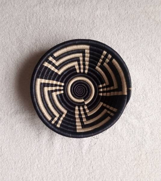 10" African wall basket, Home Decor basket, Wicker wall art, African wall hanging, African woven basket, Rwanda Baskets. Black & white color