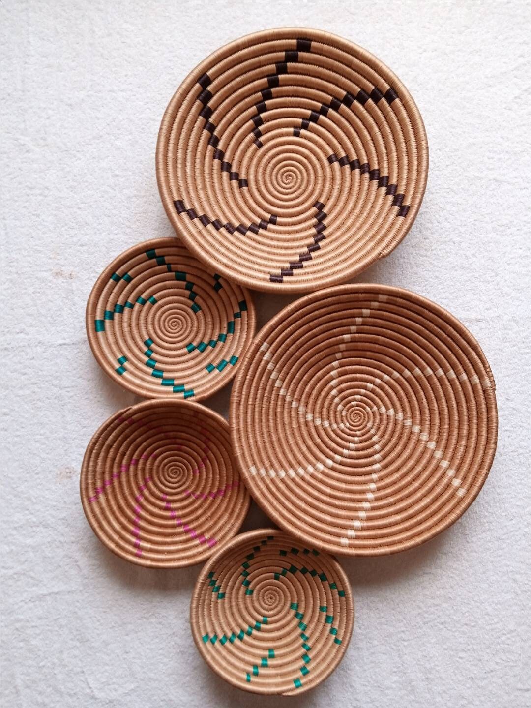 Set of 5 Wall baskets 12"-8"/ Assorted wall baskets /wall decor / African wall baskets / African wall decor/ Kenyan baskets/ boho wall decor