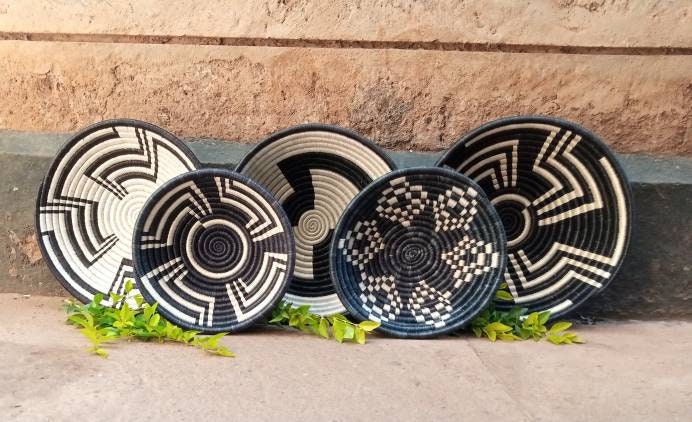 Monochrome Magic: Black and White Wall Baskets from Rwanda - Boho Basket Set