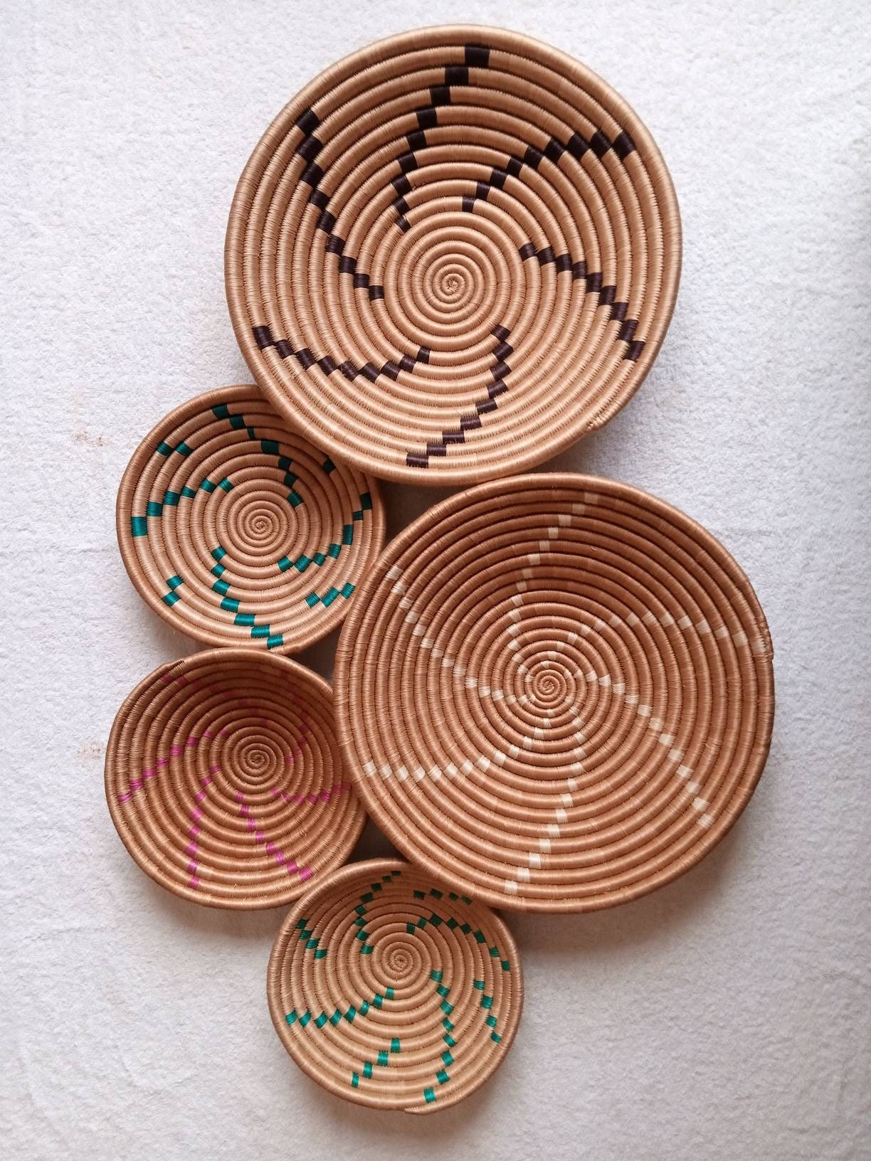 Set of 5 Wall baskets 12"-8"/ Assorted wall baskets /wall decor / African wall baskets / African wall decor/ Kenyan baskets/ boho wall decor