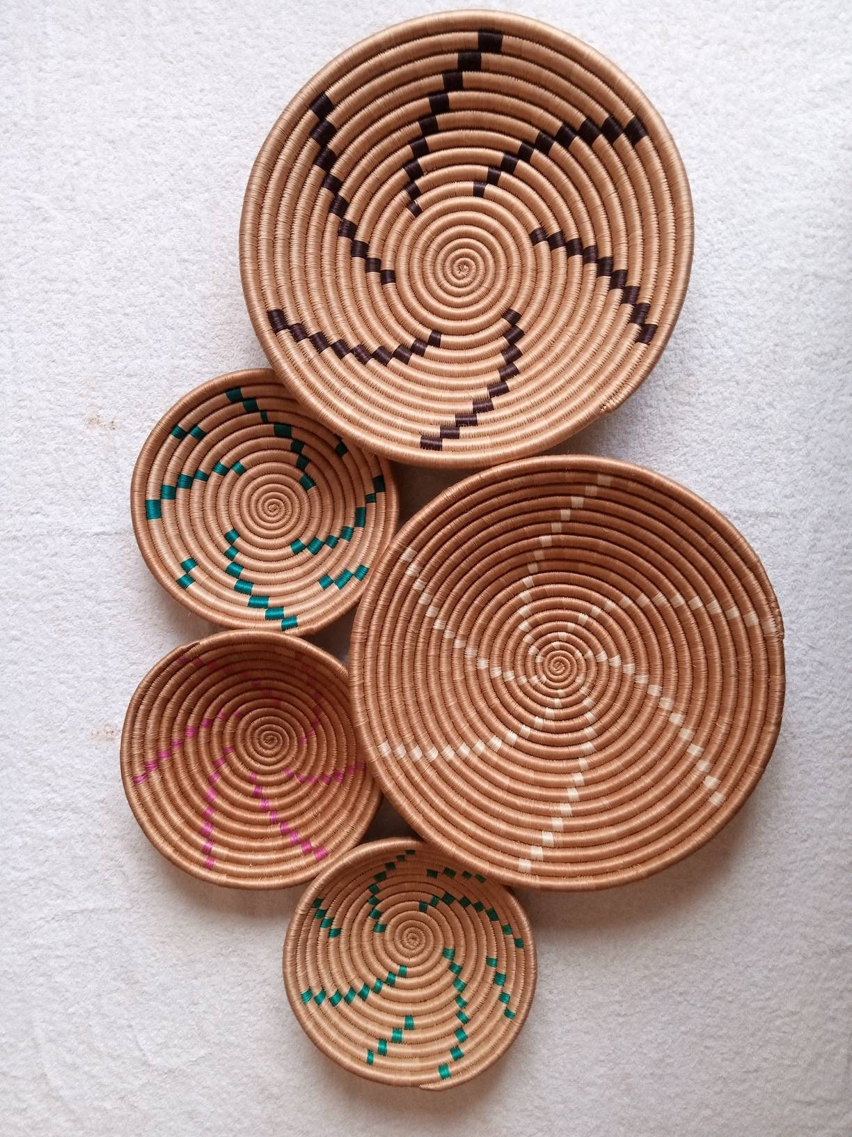 African basket wall decor, large set of 5 wicker wall baskets, wall art decor, boho wall wicker plates, african baskets, sisal wall baskets