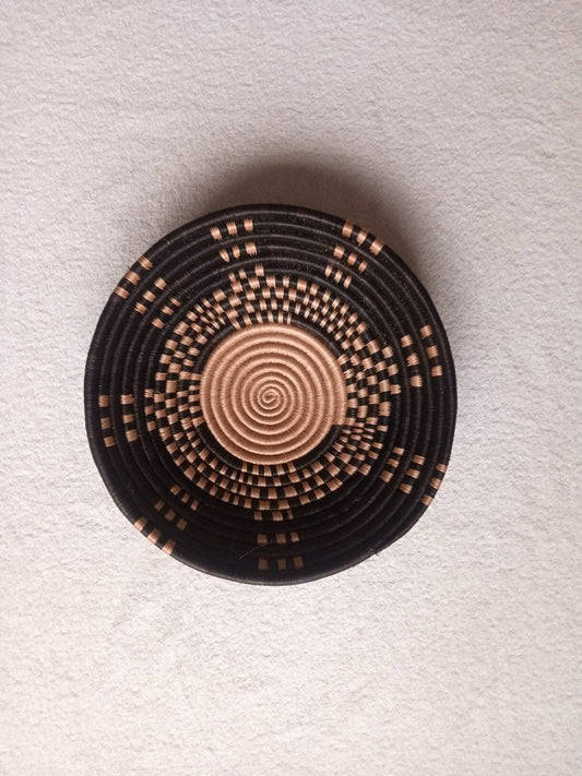 12" Large African wall basket, Home Decor basket, Wicker wall art, African wall hanging, African woven basket, Rwanda basket. Black & brown
