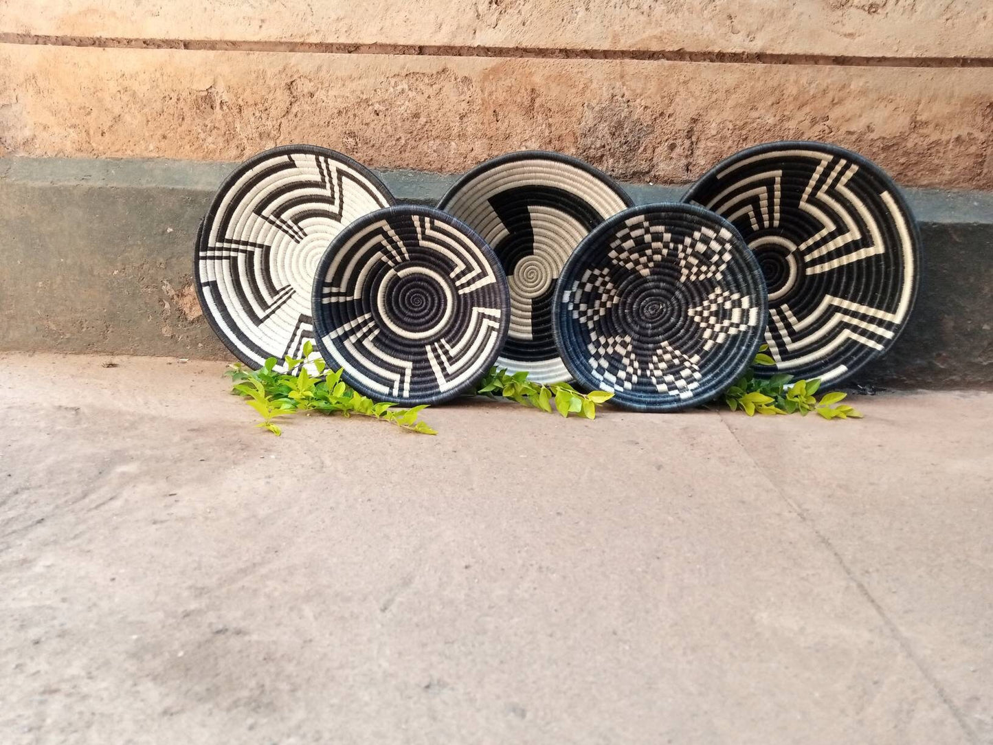 Monochrome Magic: Black and White Wall Baskets from Rwanda - Boho Basket Set