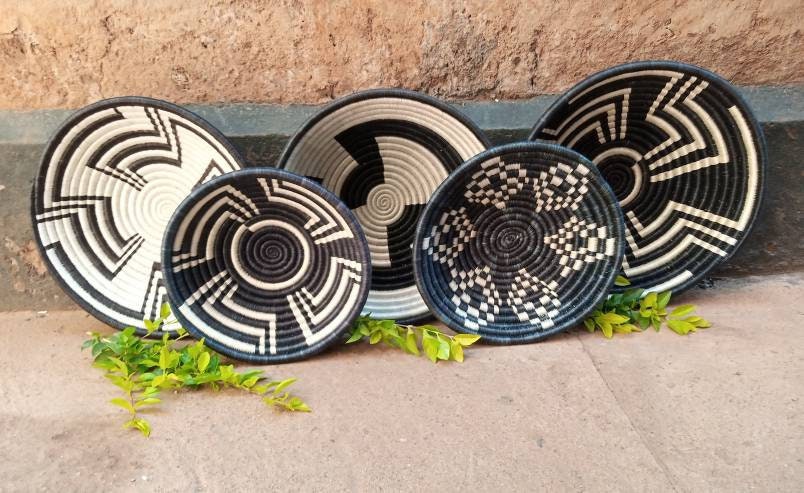 Monochrome Magic: Black and White Wall Baskets from Rwanda - Boho Basket Set