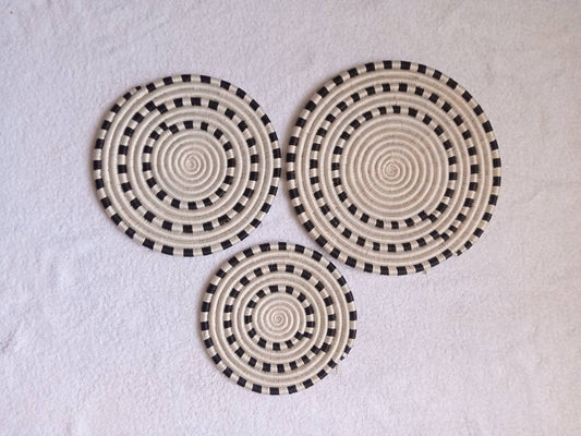 Black woven basket wall art, white boho wall mats, black and white woven mats, african style decor, african baskets wall decor, wall art
