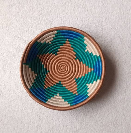 12" Large African wall basket, Home Decor basket, Wicker wall art, African wall art, woven basket, Rwanda Baskets. Brown, green, blue &white