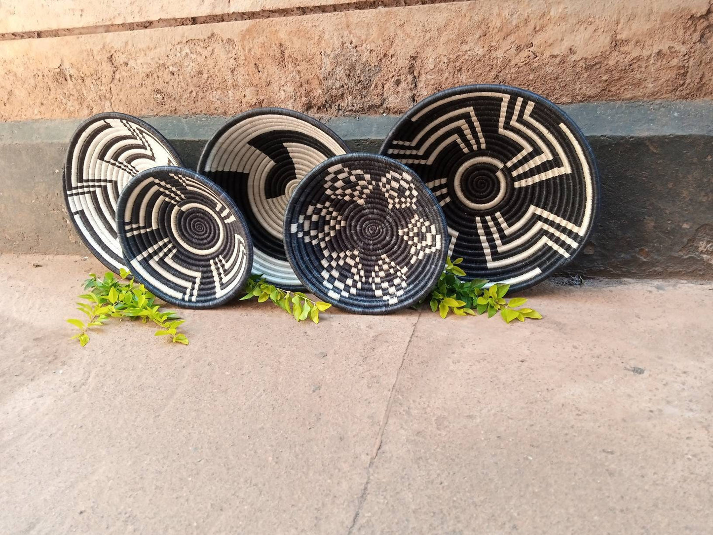 Monochrome Magic: Black and White Wall Baskets from Rwanda - Boho Basket Set
