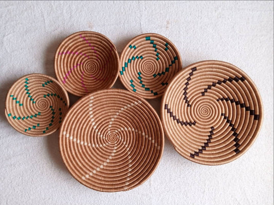 Set of 5 Wall baskets 12"-8"/ Assorted wall baskets /wall decor / African wall baskets / African wall decor/ Kenyan baskets/ boho wall decor