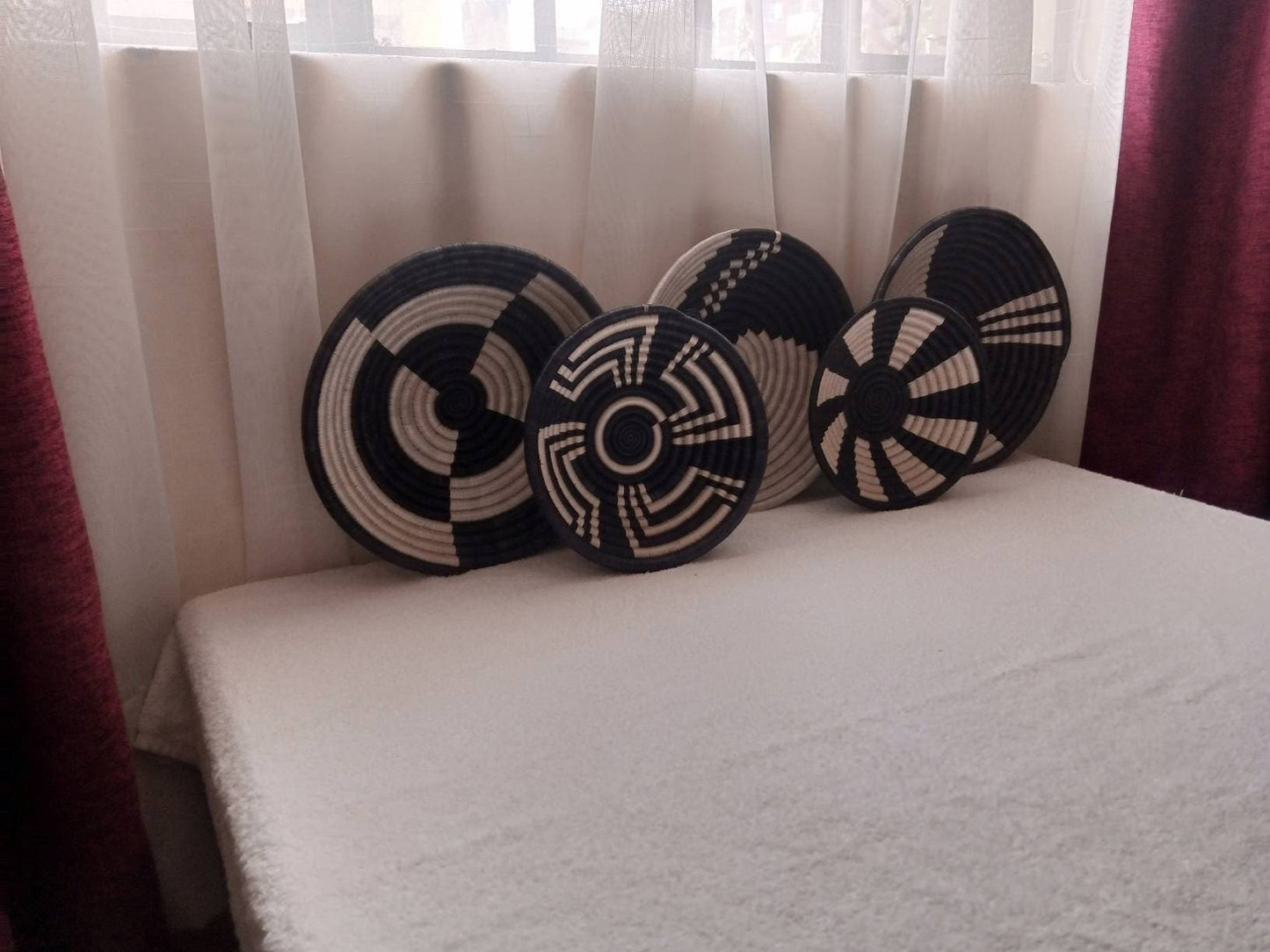 Large set of 5 wicker wall baskets, wall art decor, boho wall wicker plates, african baskets, african wall basket decor, woven african dish