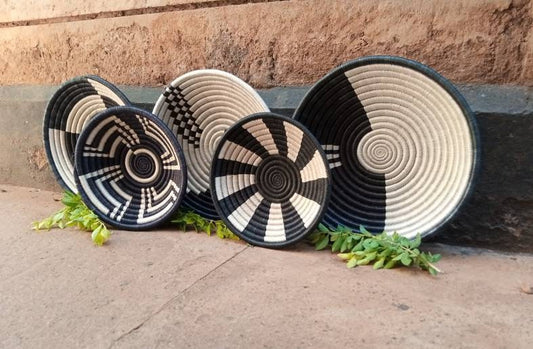 Large set of 5 wicker wall baskets, wall art decor, boho wall wicker plates, african baskets, african wall basket decor, woven african dish