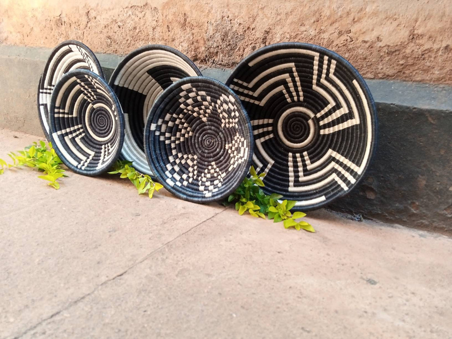 Monochrome Magic: Black and White Wall Baskets from Rwanda - Boho Basket Set