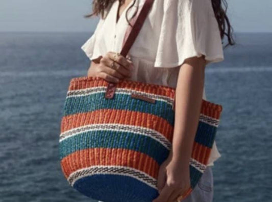 Large 12" blue, orange blue tote bag, African basket, Woven handbag, African handbag, Kenyan bag, Handbag, Market bag