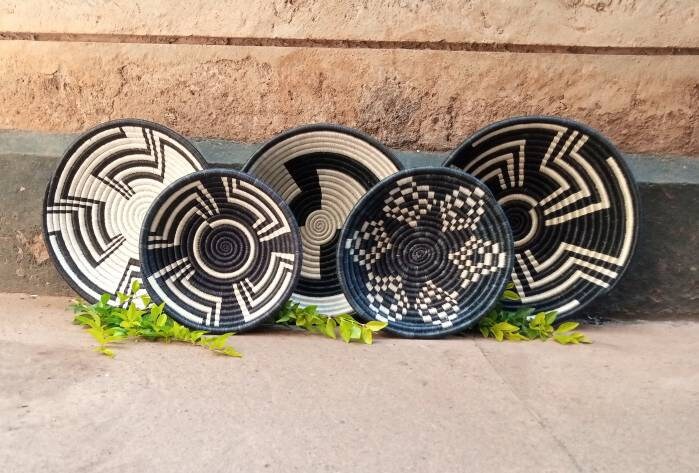 Monochrome Magic: Black and White Wall Baskets from Rwanda - Boho Basket Set