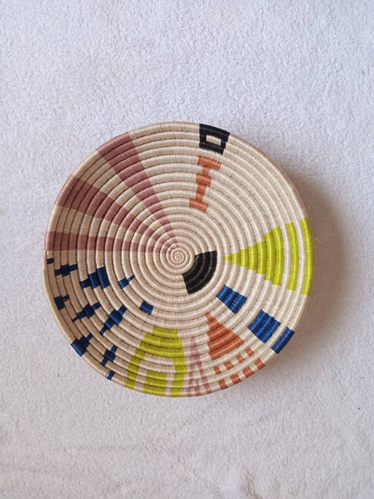 12" Large African wall basket, Home Decor basket, Wicker wall art, African wall art, Woven basket, Rwanda Baskets. Brown, peach, light green