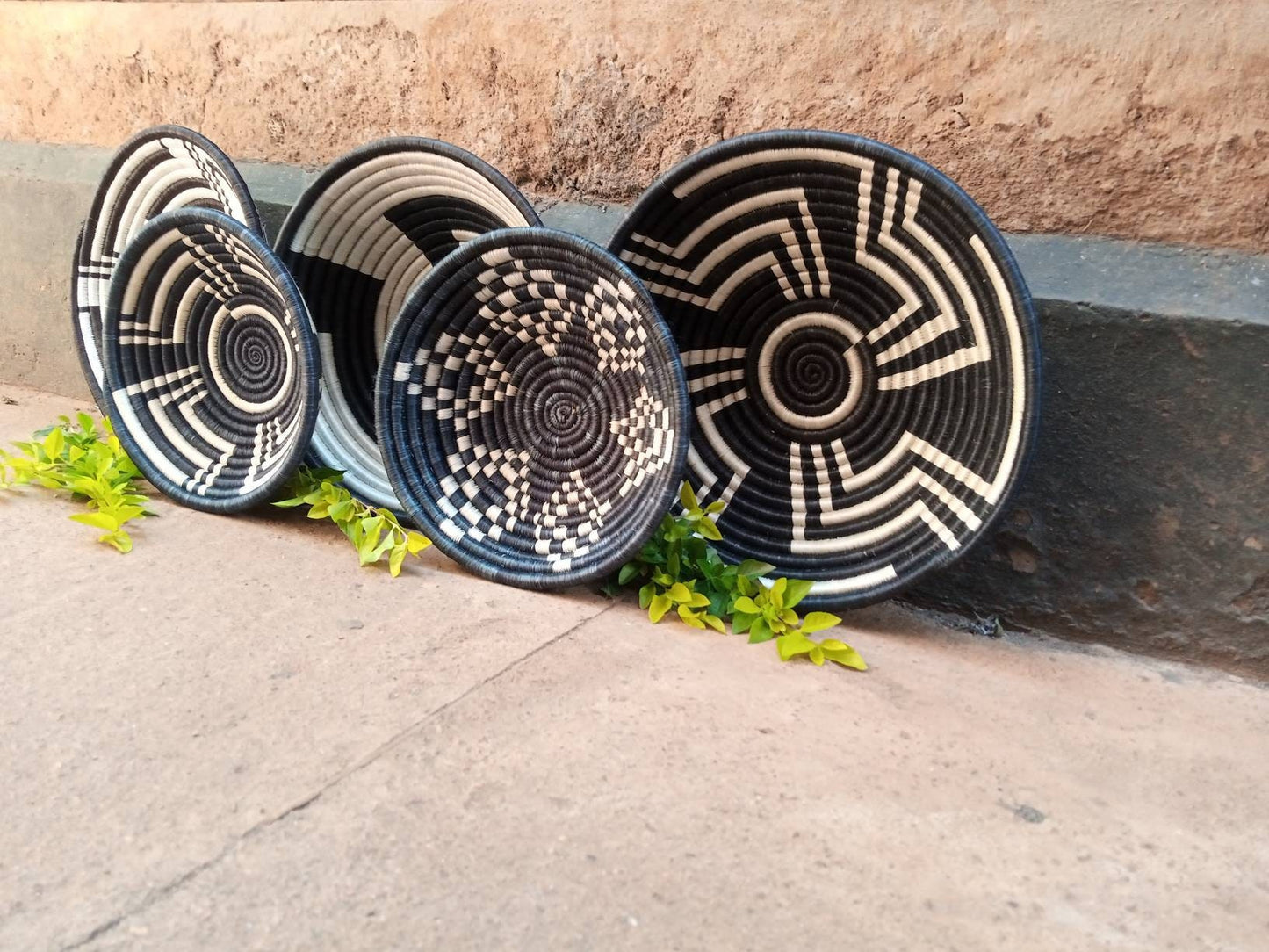 Monochrome Magic: Black and White Wall Baskets from Rwanda - Boho Basket Set