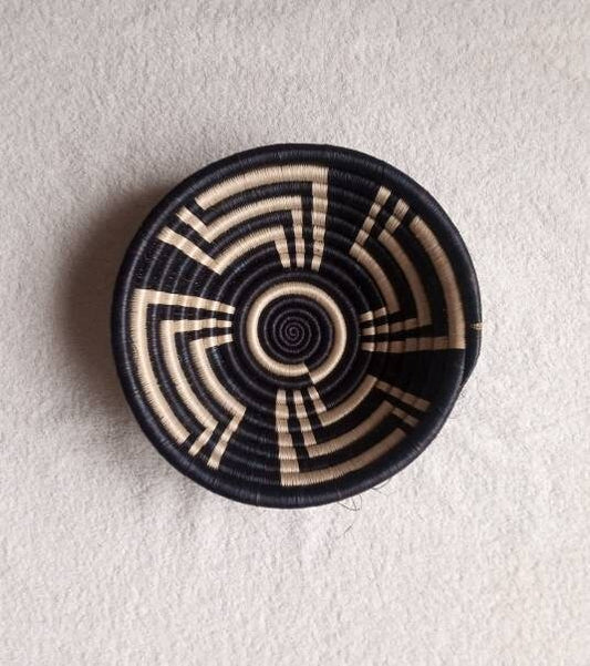 10" African wall basket, Home Decor basket, Wicker wall art, African wall hanging, African woven basket, Rwanda Baskets. Black & white color