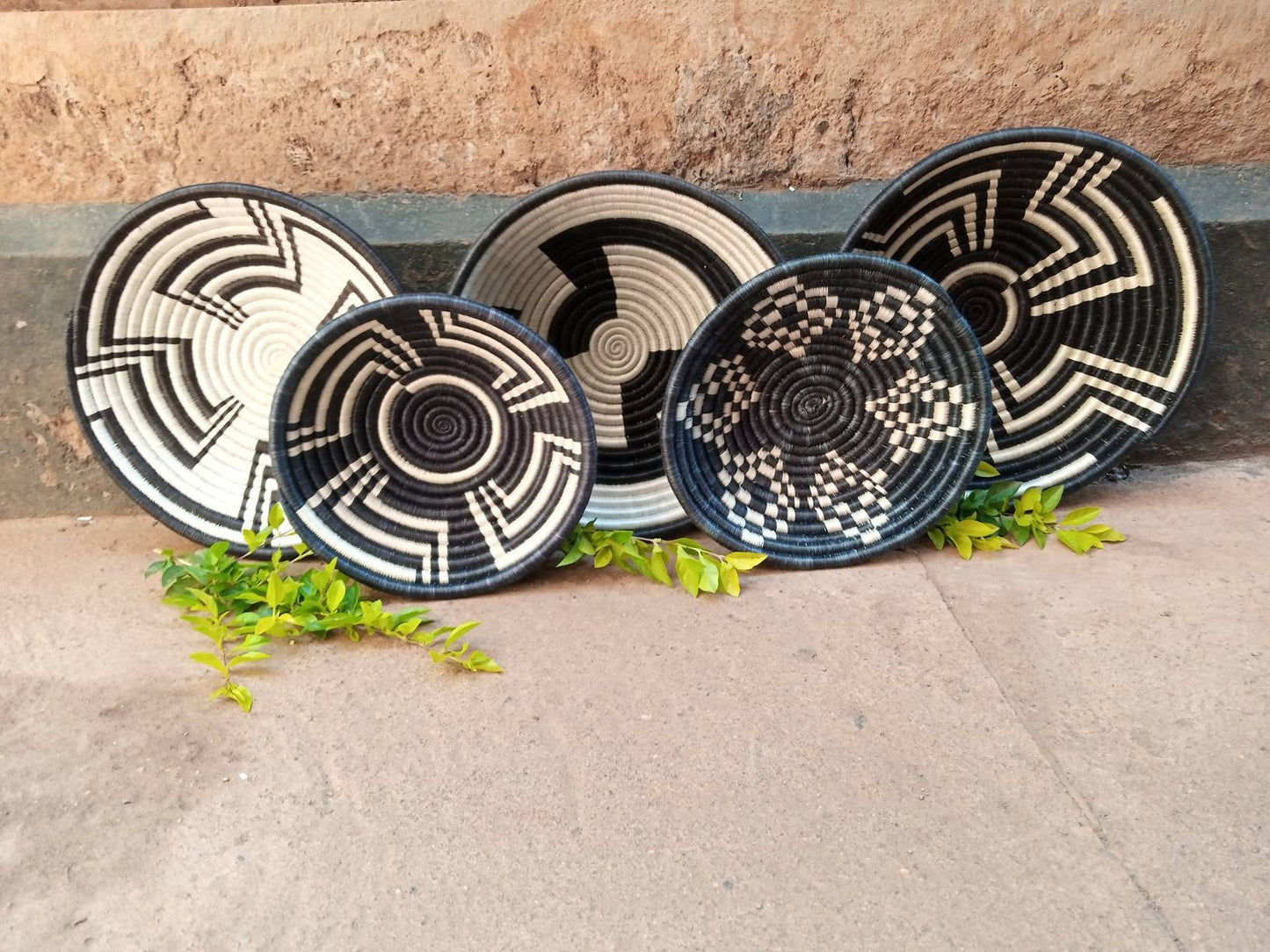 Monochrome Magic: Black and White Wall Baskets from Rwanda - Boho Basket Set